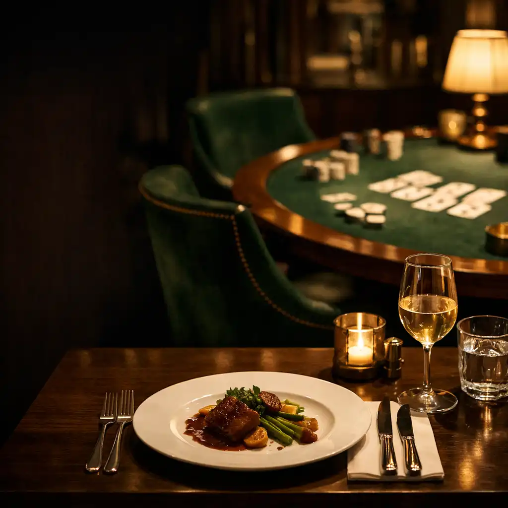 Večerní stůl s hotovým talířem v gastronomickém salonu a naznačený card lounge v pozadí