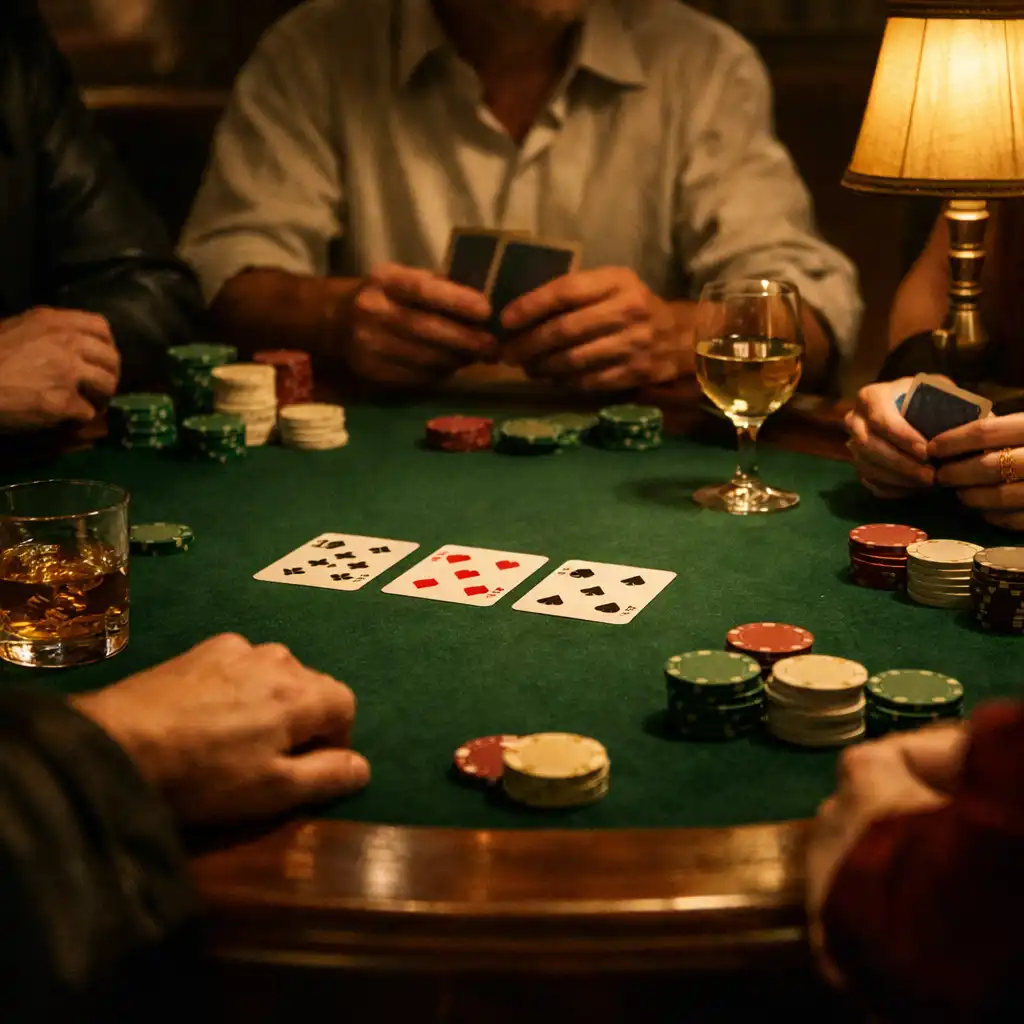 Ruce hostů u fyzického pokerového stolu s kartami a anonymními chips