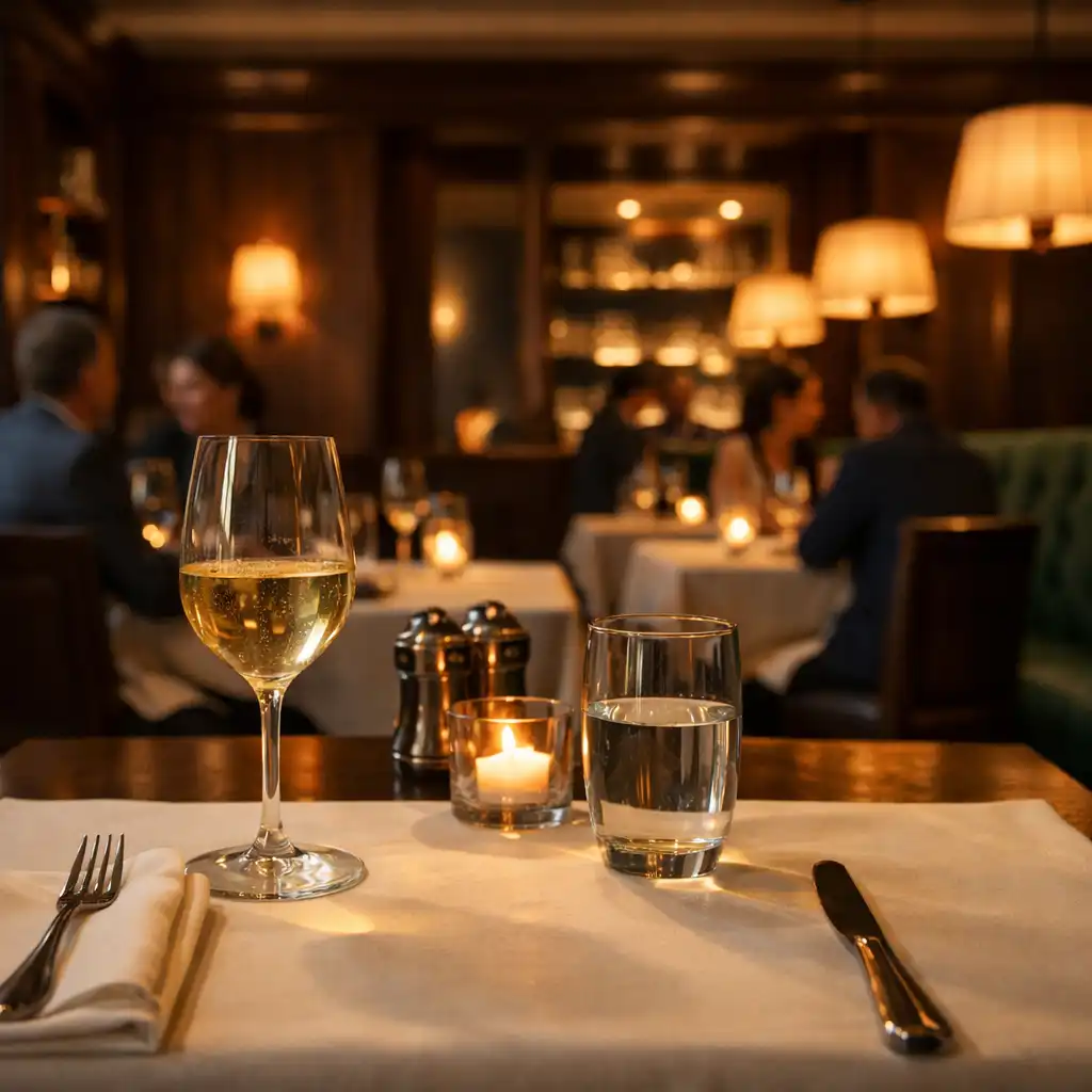 Prostřený stůl v restauraci Vybrane Chute v teplém světle
