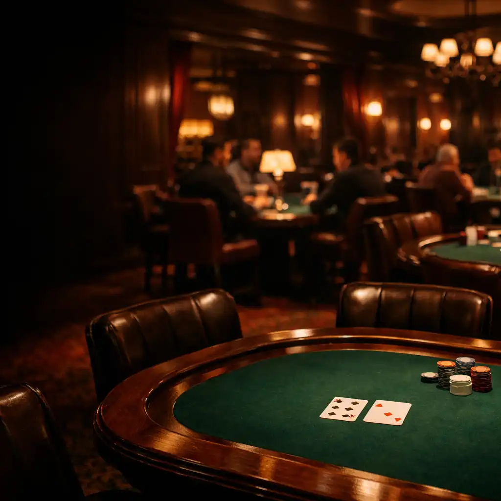 Večerní pohled do intimního pokerového card roomu se smaragdovými stoly a teplým světlem