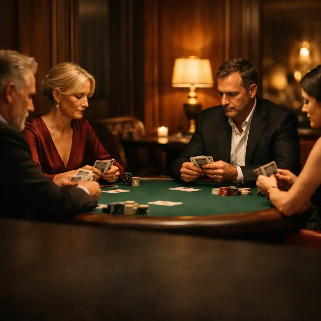 Hosté v intimním card roomu vedou tichý rozhovor u smaragdového pokerového stolu