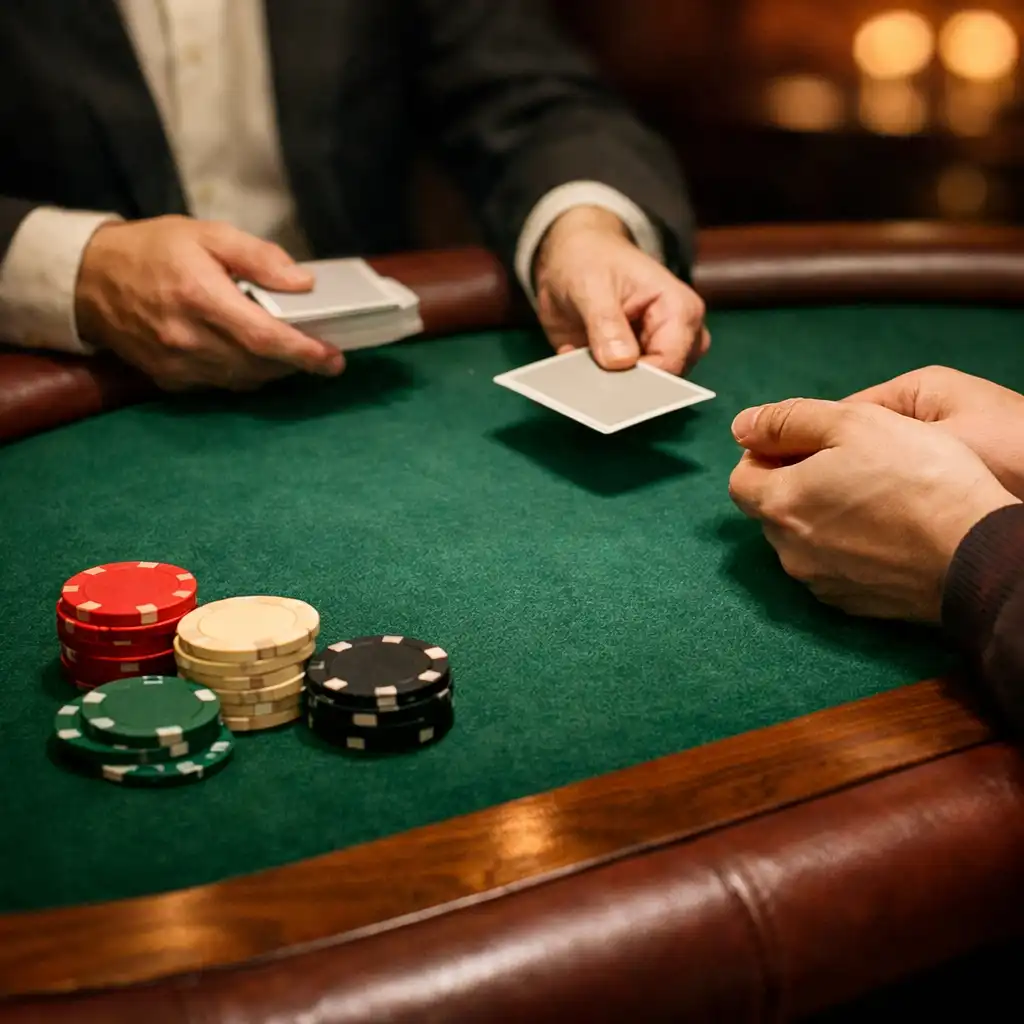 Detail smaragdového pokerového stolu s fyzickými kartami, rukama hostů a neoznačenými chips