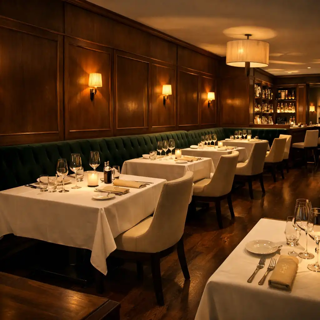 Široký pohled do večerně připraveného interiéru restaurace
