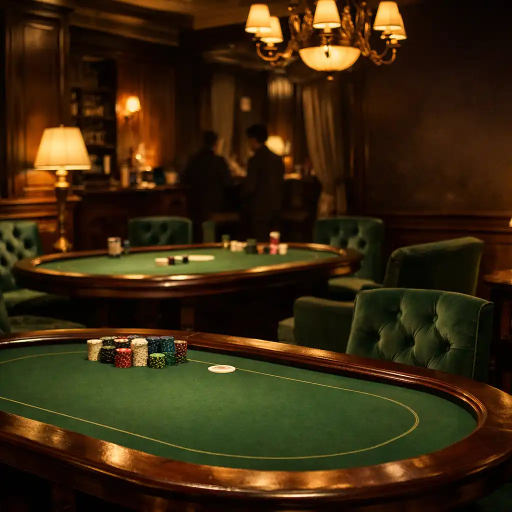 Klidný pohled do offline poker lounge s fyzickými stoly