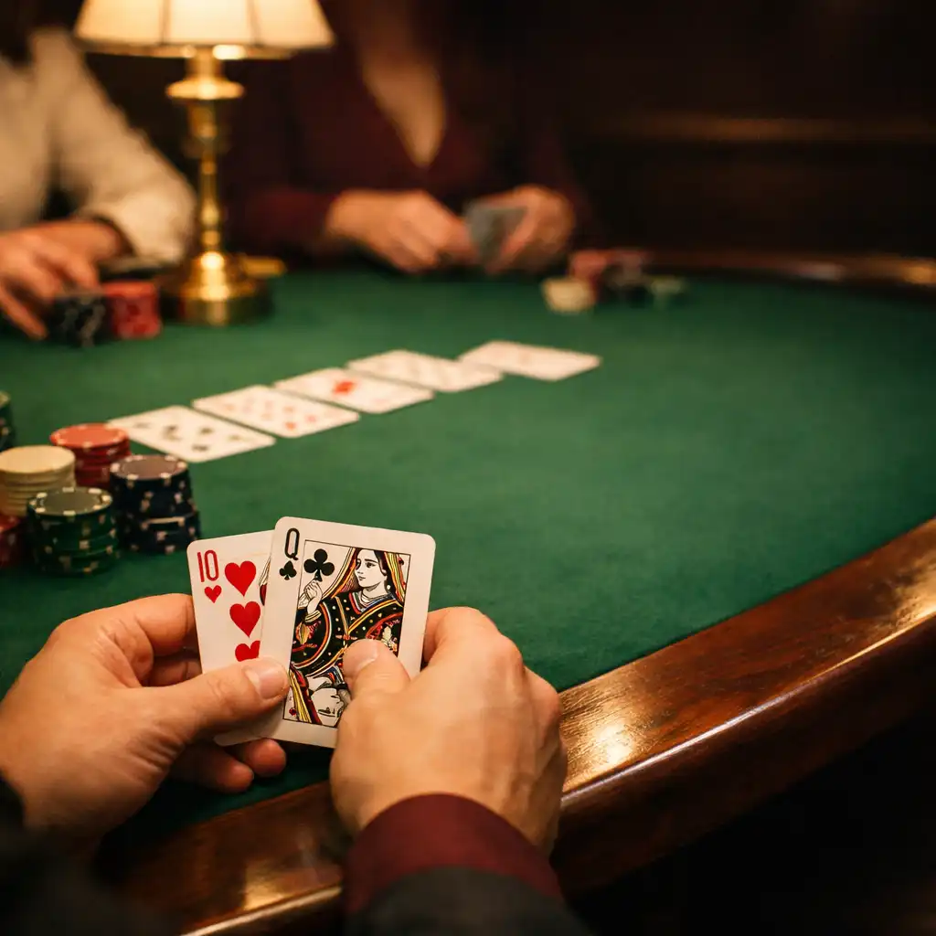 Fyzický pokerový stůl s kartami a chips bez označených hodnot