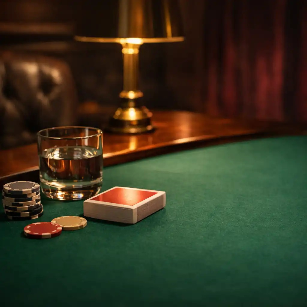 Chips, balíček karet a sklenice vody na klidném večerním pokerovém stole