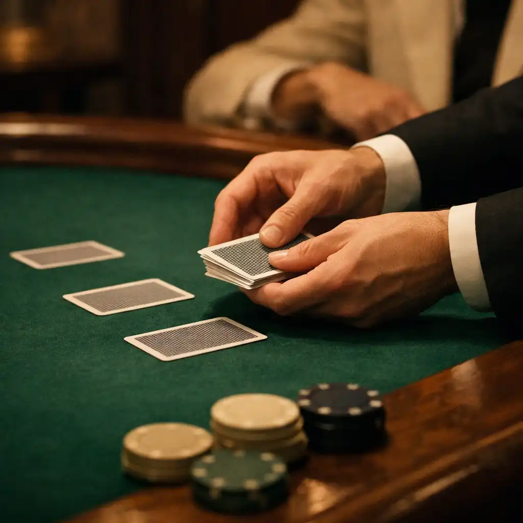 Ruce rozdávající skutečné karty na smaragdové plsti pokerového stolu