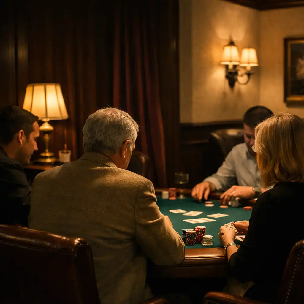 Hosté u společného smaragdového pokerového stolu v intimní card lounge